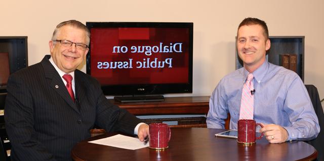 Dr. John Chowning, vice president for church and external relations and executive assistant to the president of Campbellsville University, right, interviews Chad Shively, property valuation  administrator for Taylor County, for his “Dialogue on Public Issues” show. 